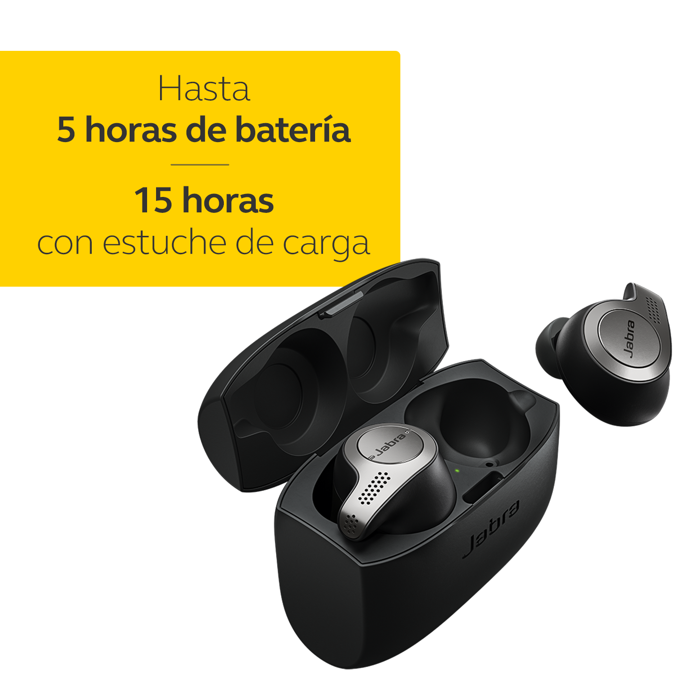 Auriculares Jabra negros con estuche de carga. Texto: 5 horas de batería, 15 con estuche.
