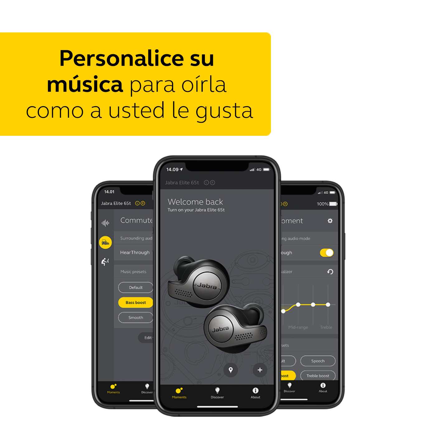 Tres smartphones con auriculares en las pantallas. Texto: Personaliza tu música.