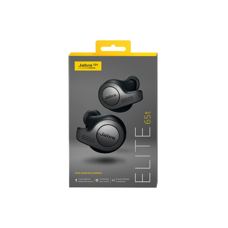Una caja de auriculares Jabra Elite 65t. La caja es gris oscuro y amarilla con los auriculares visibles dentro.