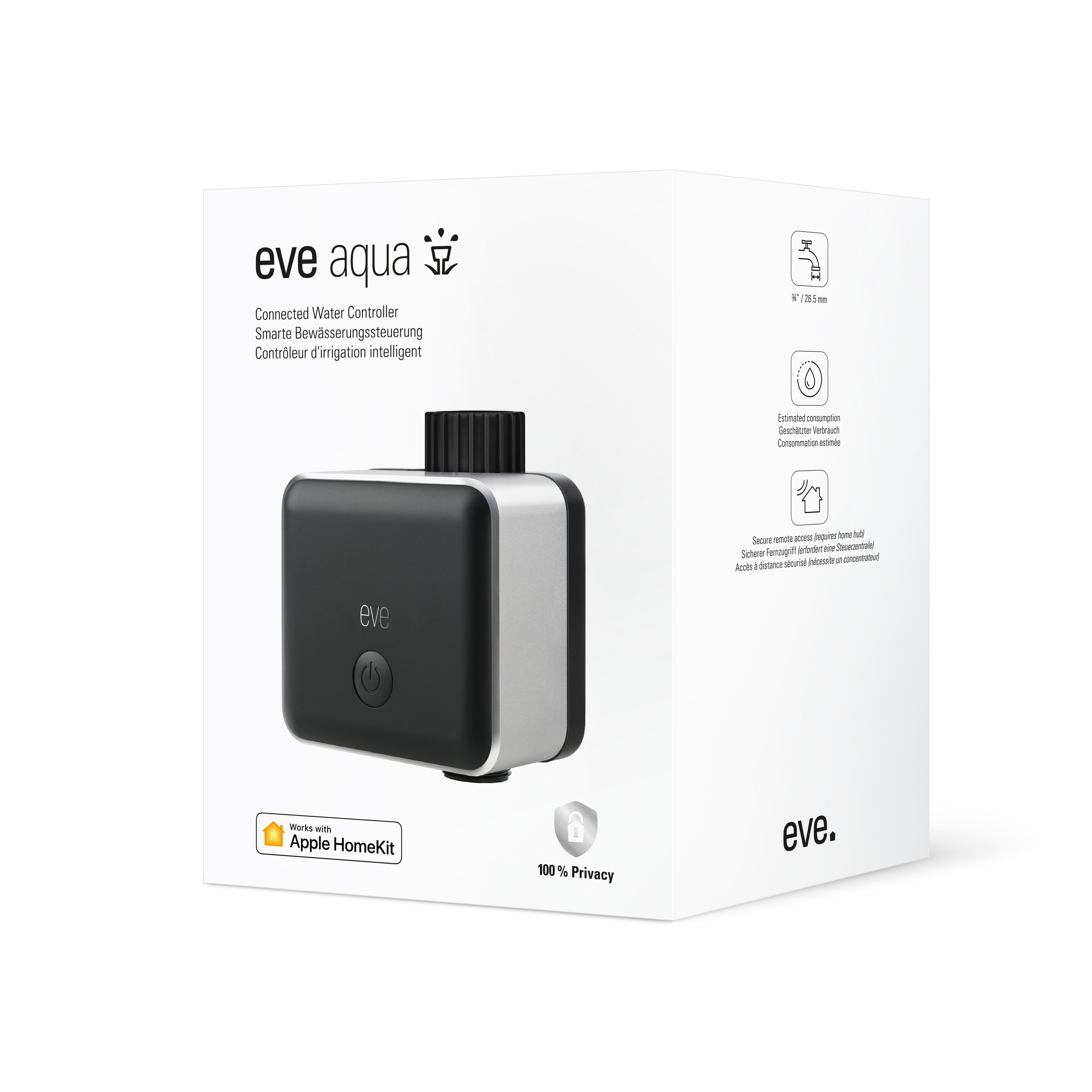 EVE Aqua - automatisch bewässern mit Zeitplänen, Fernzugriff, keine Bridge, keine Bridge, Bluetooth, Thread Smarte Bewässerungssteuerung, Schwarz/Metallic
