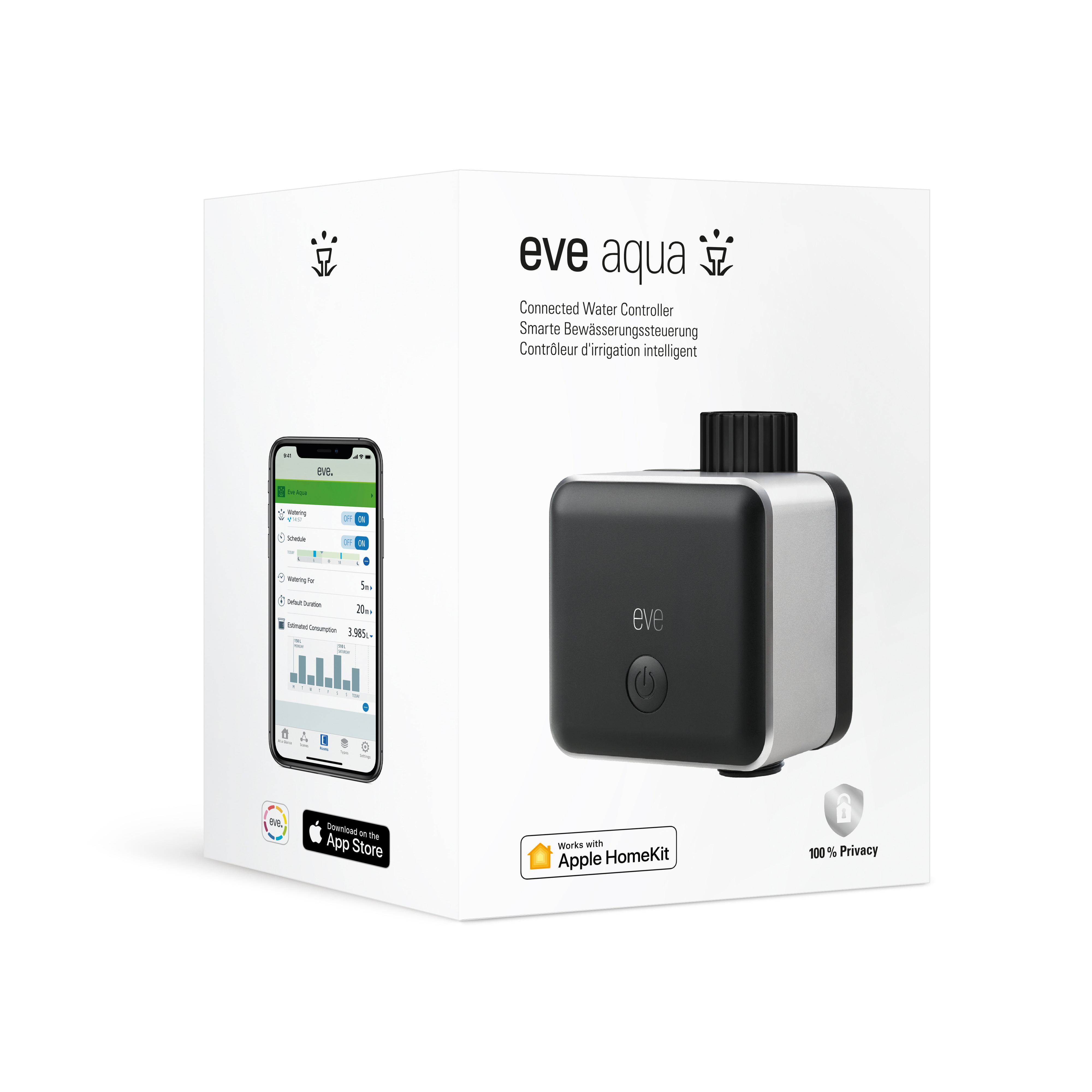 EVE Aqua - automatisch bewässern mit Zeitplänen, Fernzugriff, keine Bridge, keine Bridge, Bluetooth, Thread Smarte Bewässerungssteuerung, Schwarz/Metallic