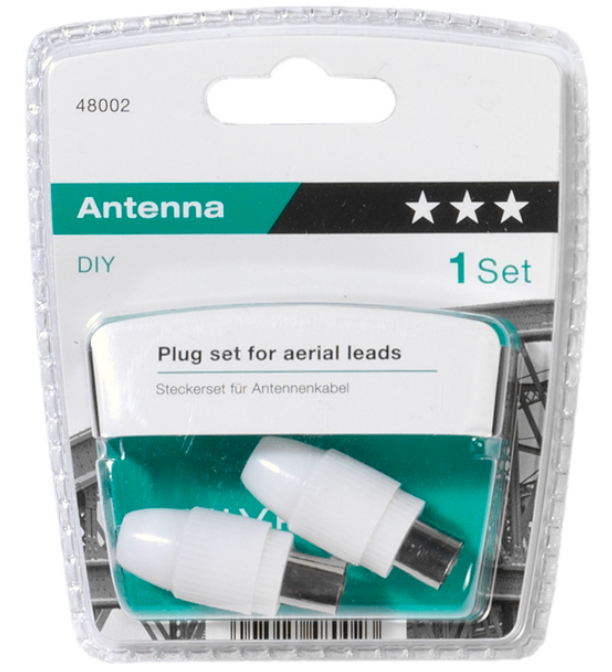 Verpackung für Antennensteckersätze, mit weißen Steckern und einem grün-weißen Hintergrund.