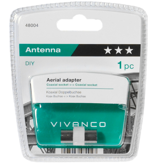Antennen-Antennenadapter-Verpackung mit silbernem Stecker und grün-weißem Etikett.