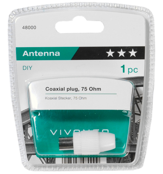 Eine Kunststoffverpackung zeigt einen Koaxialstecker. Auf der Verpackung steht das Wort 'Antenne'.
