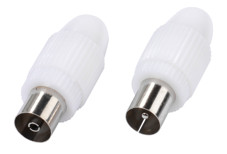 Zwei weiße Koaxialkabelstecker mit silbernen Metallspitzen.
