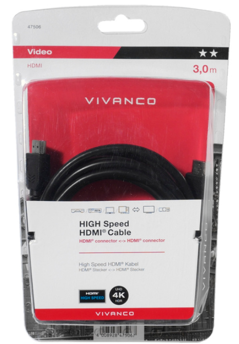 High Speed HDMI-Kabel in der Verpackung. Kabel ist schwarz. Verpackung ist rot und weiß.