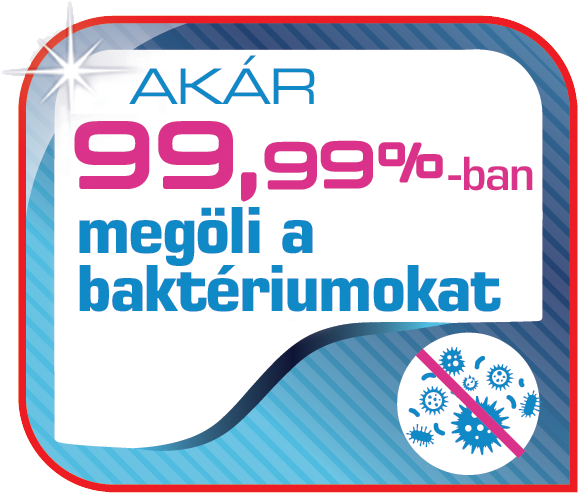 Szöveg: 99,99% baktériumot pusztít. Illusztráció: Baktérium ikon piros kereszttel.