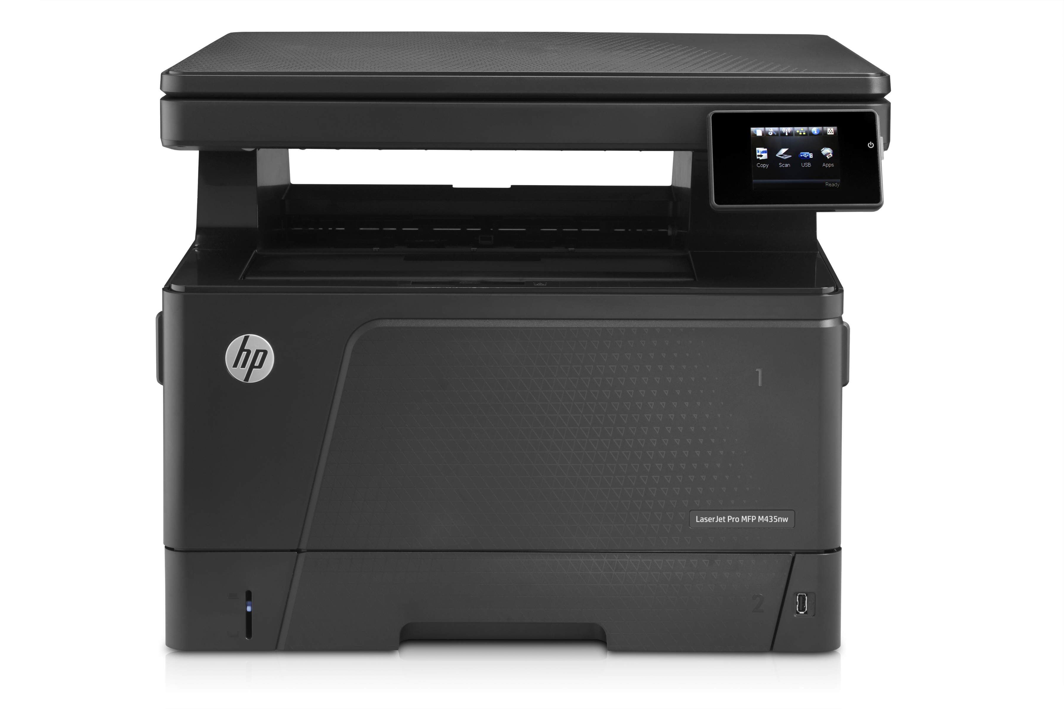 Beyaz arka plan üzerinde ekran ve HP logosu olan siyah HP Laserjet Pro yazıcı.