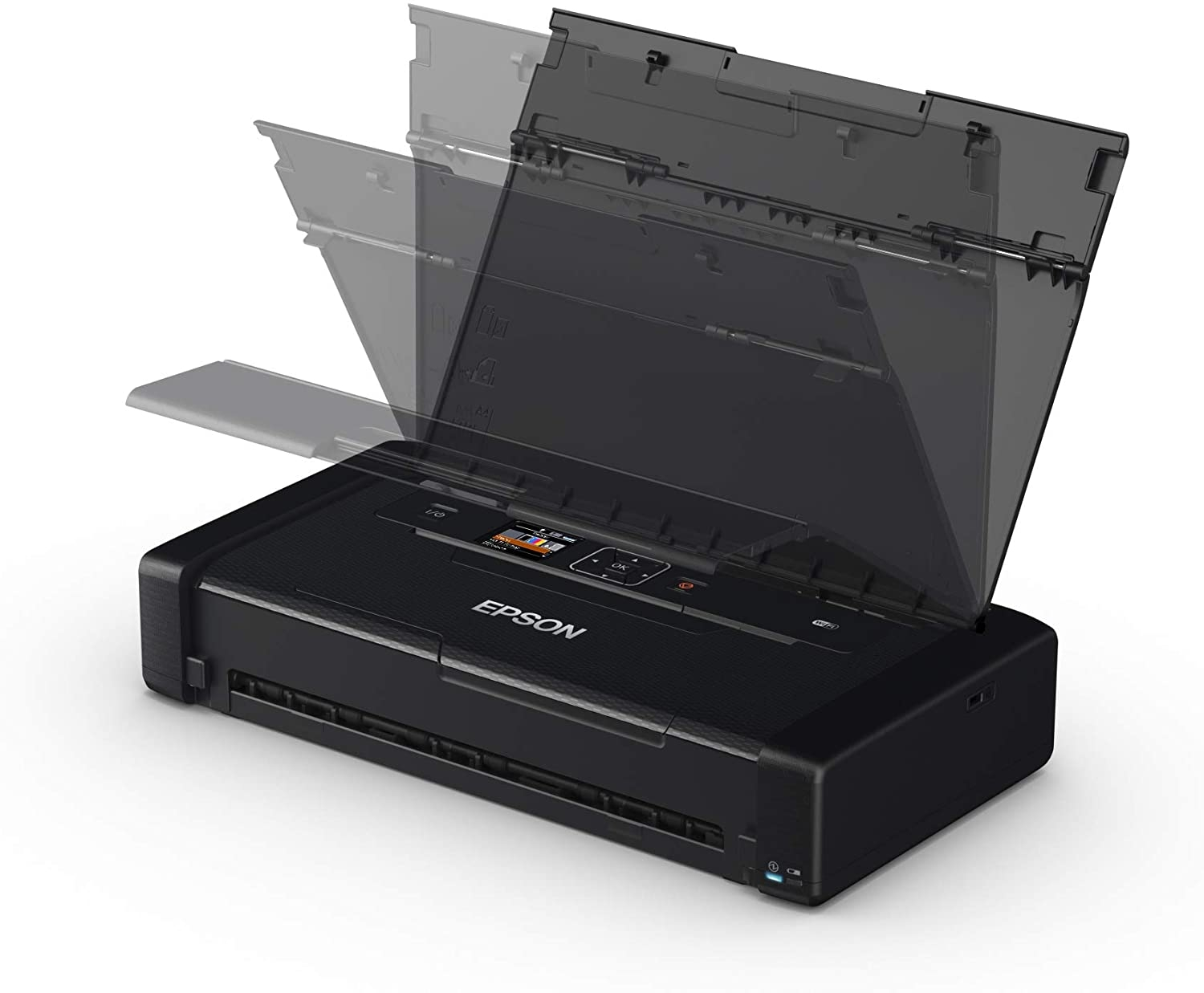 Una impresora Epson negra con la tapa superior abierta, mostrando el interior, sobre un fondo blanco.