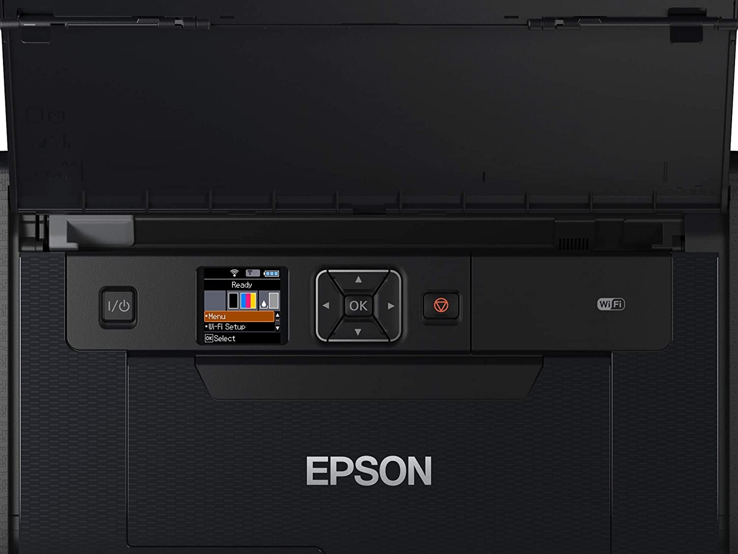 Impresora Epson negra con pantalla y botones. Tapa superior abierta.