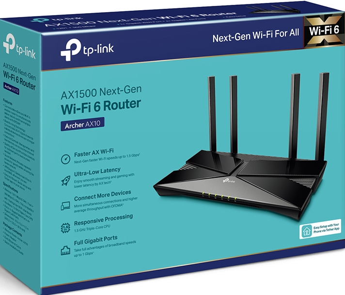 TP-Link AX1500 Wi-Fi 6 Router-Box mit Grafik des Routers auf der Vorderseite.