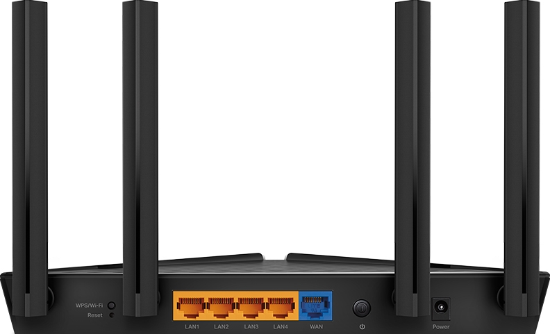 Schwarzer TP-Link-Router mit vier Antennen, Ports und Knöpfen sichtbar.
