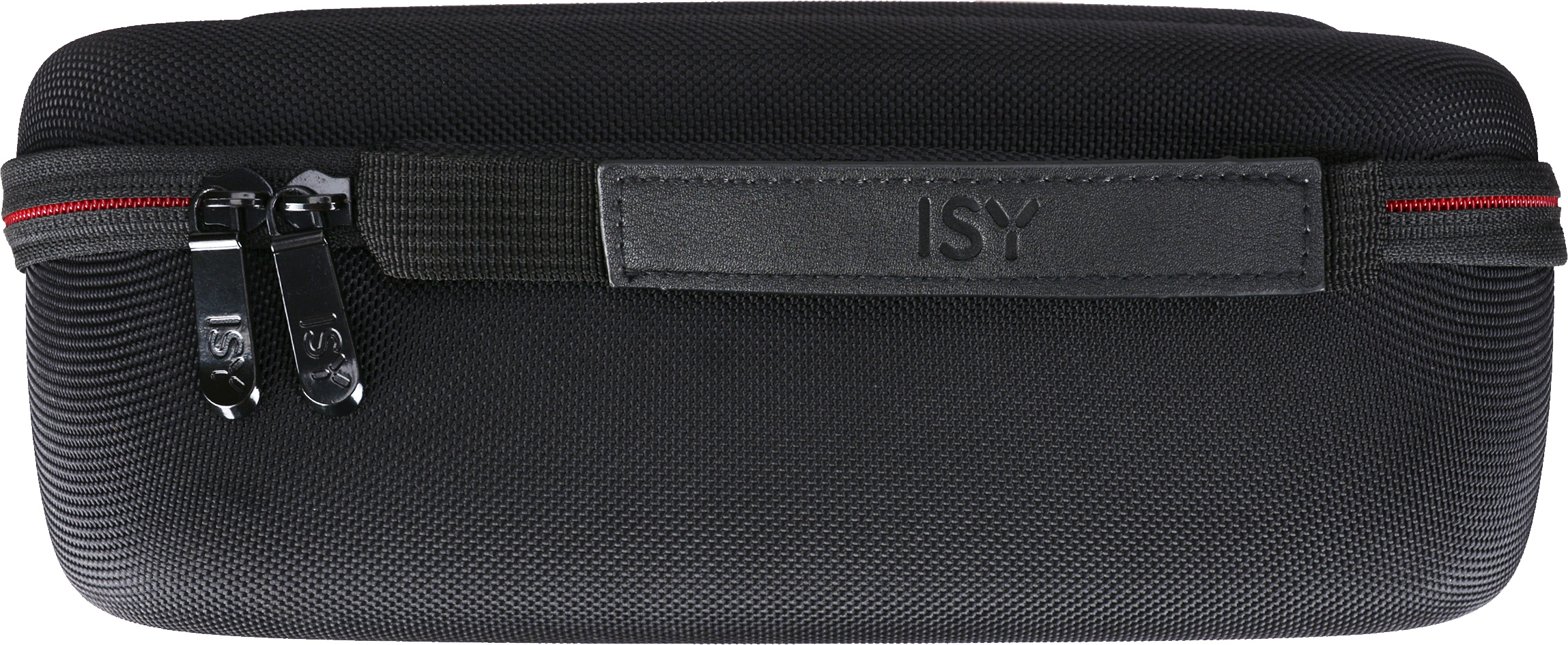 Étui rigide ISY noir pour lunettes, avec fermeture éclair et poignée. Logo ISY sur la poignée.