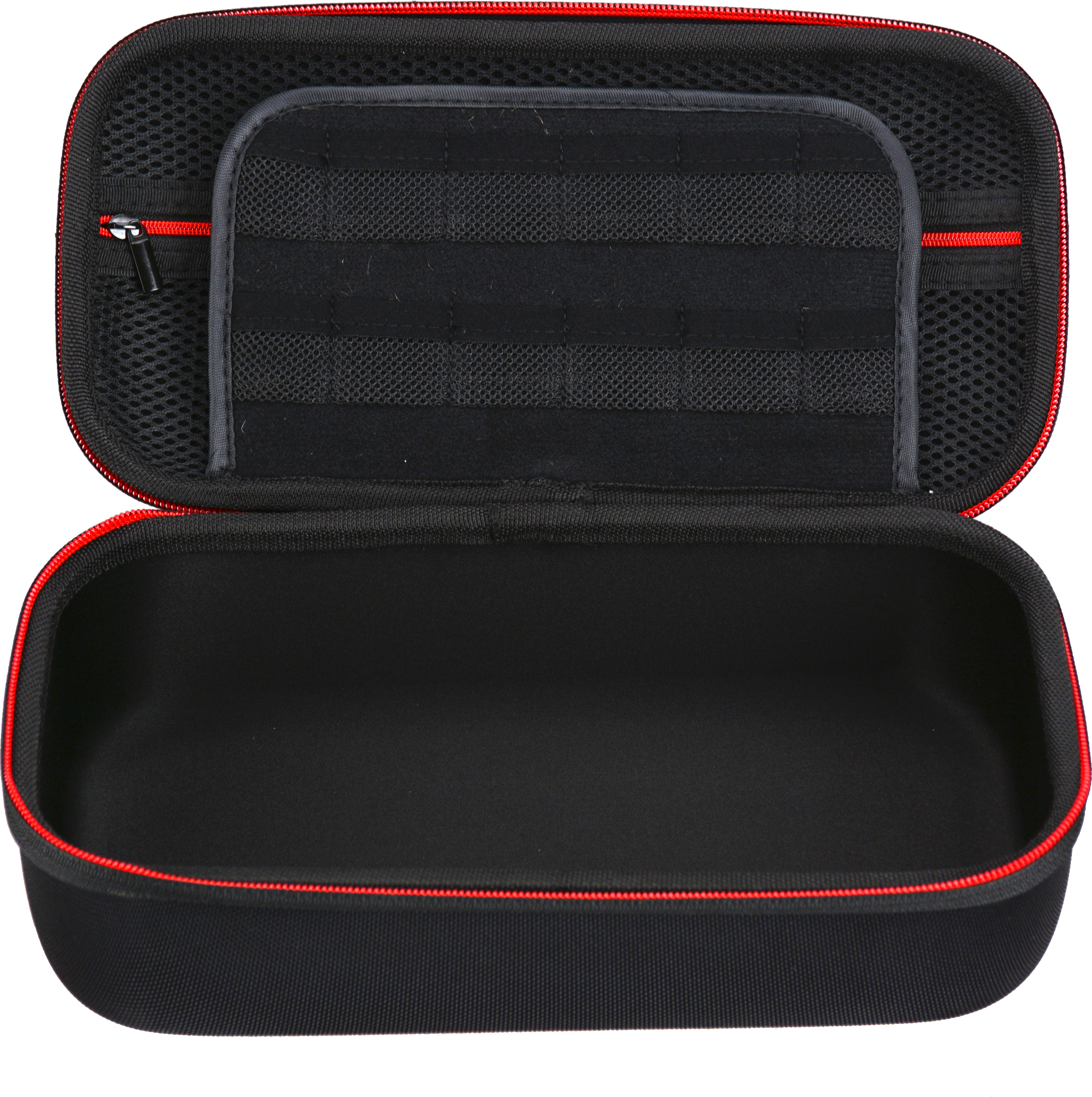 Une valise de voyage noire ouverte avec une fermeture éclair et des accents rouges.