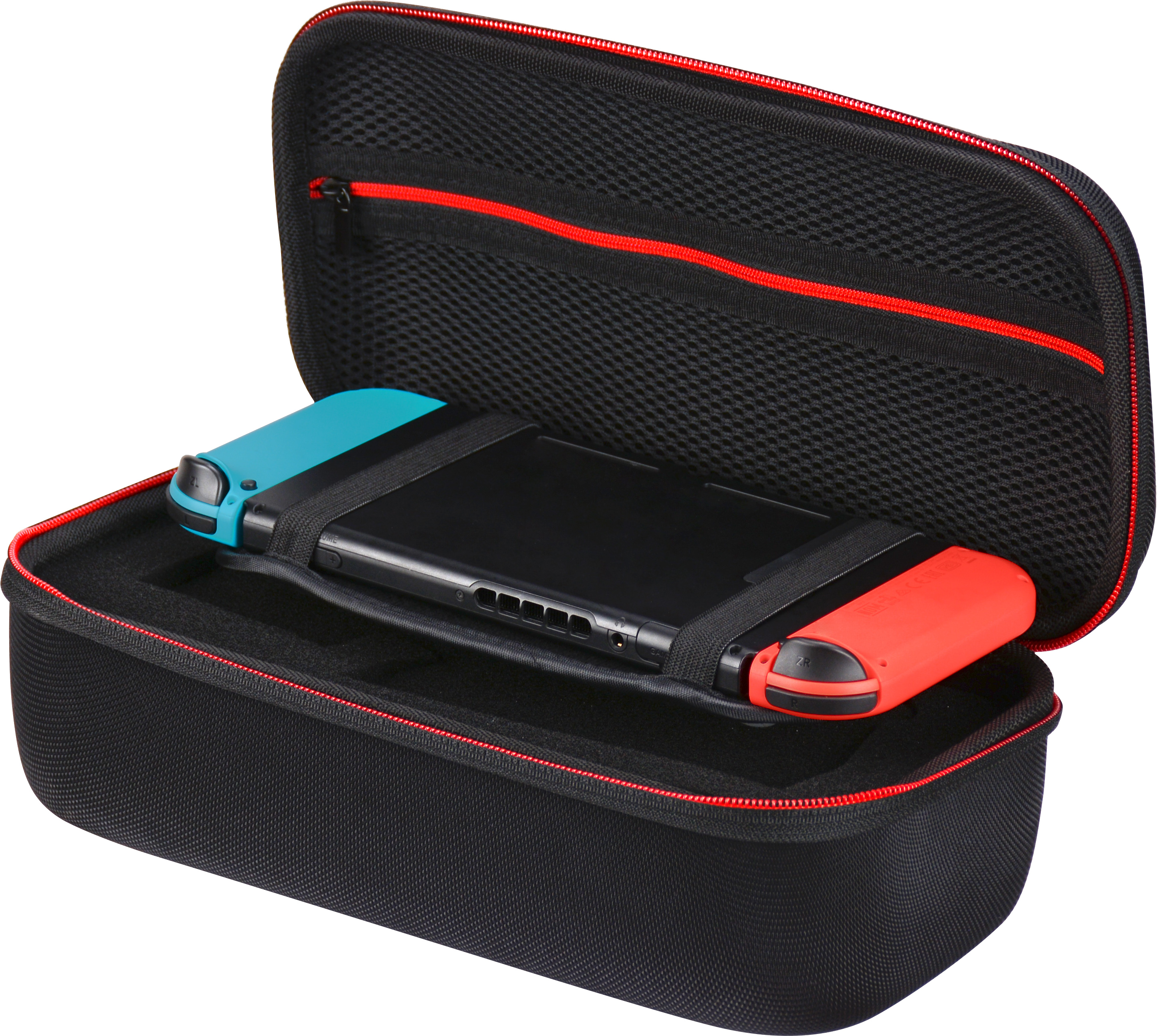 Étui Nintendo Switch noir, ouvert, avec une Switch noire et des manettes rouge/bleu à l'intérieur.