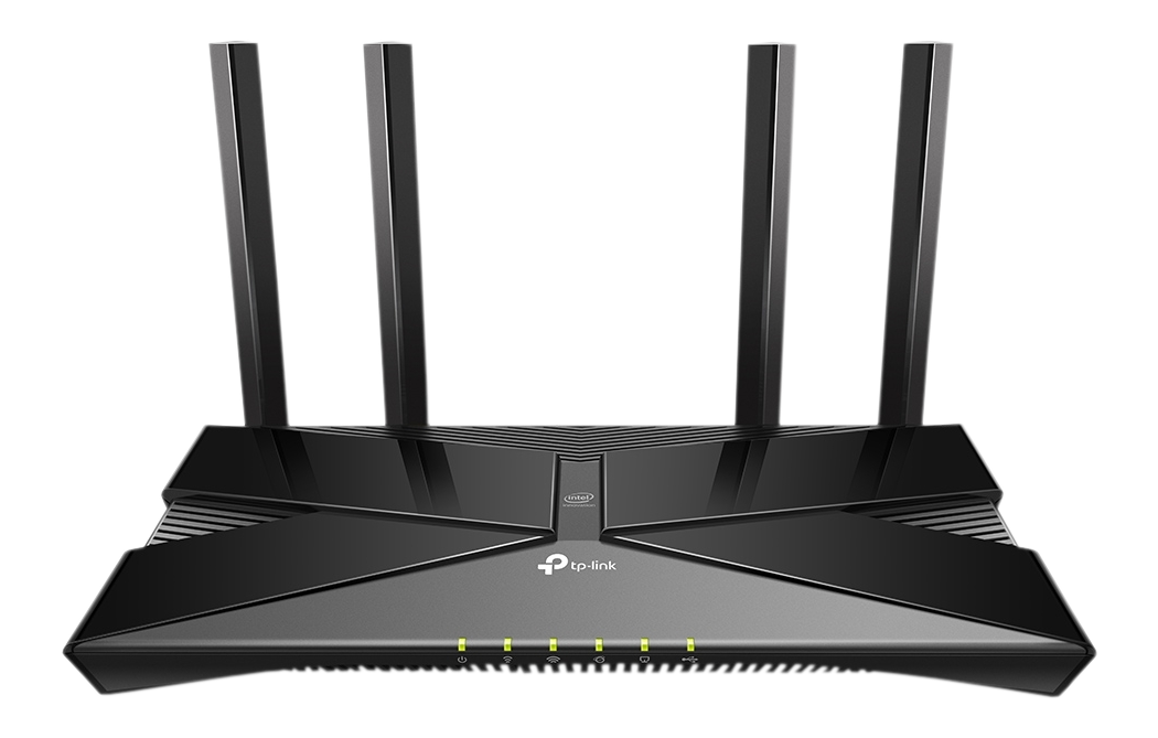 Schwarzer tp-link Router mit Antennen. Intel-Logo vorne und grüne Lichter.