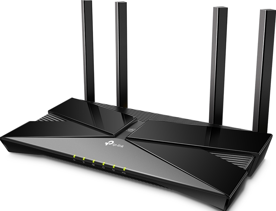 Ein schwarzer TP-Link Wi-Fi Router mit Antennen. Es hat Kontrollleuchten und eine glänzende Oberfläche.