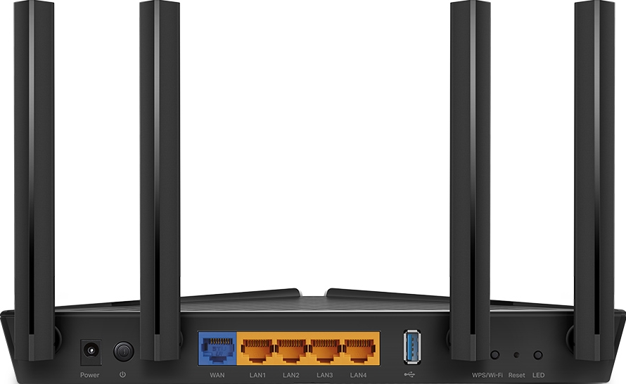 Schwarzer TP-Link Router mit Antennen. Anschlüsse hinten. Strom- und LED-Anzeigen.
