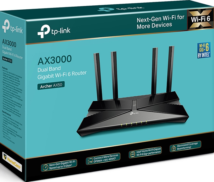 Ein schwarzer Router mit Antennen, eine Box mit Text und ein blau-weißer Hintergrund.