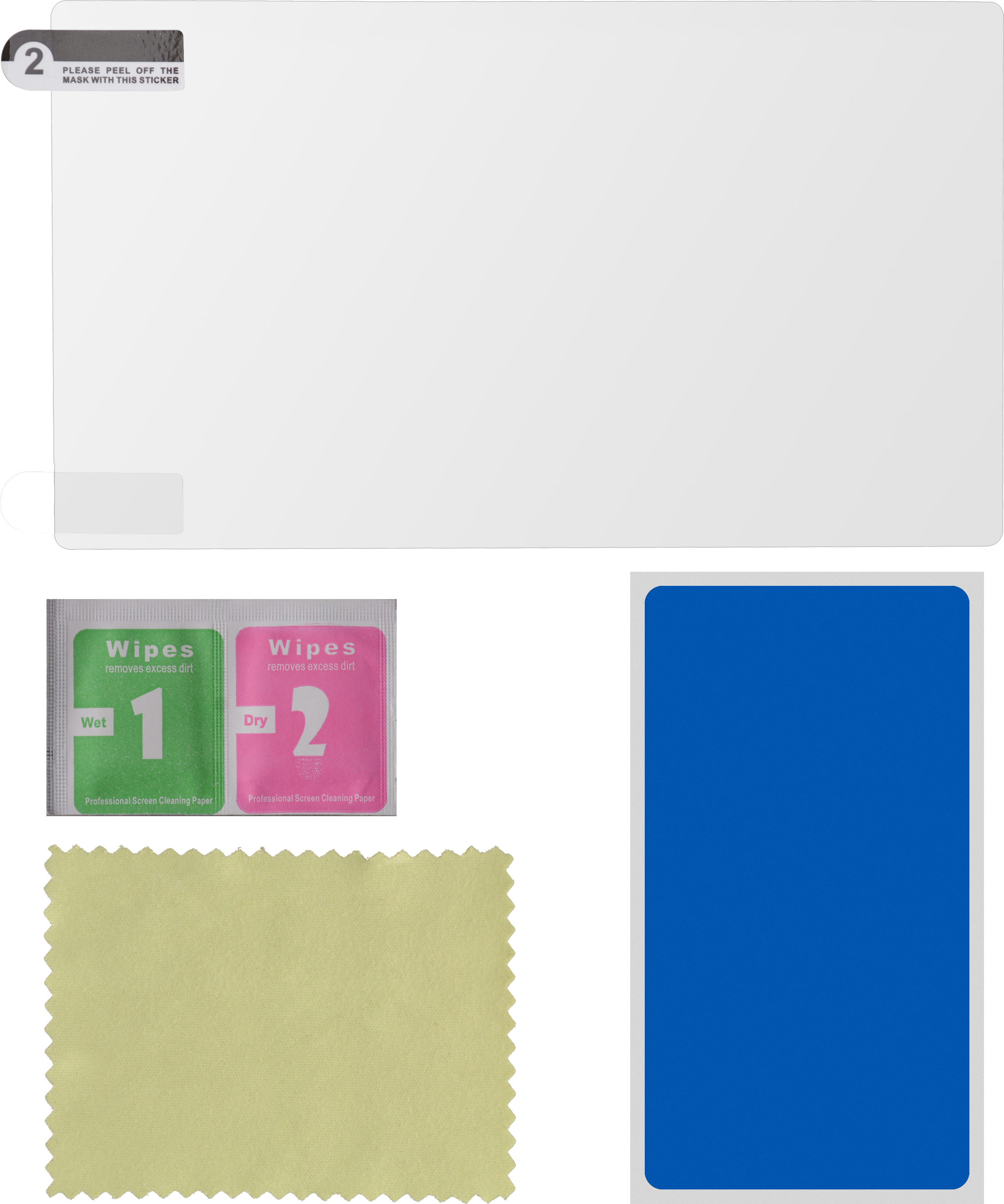 Écran de protection avec accessoires : lingettes humides et sèches, un chiffon de nettoyage jaune et un écran bleu.