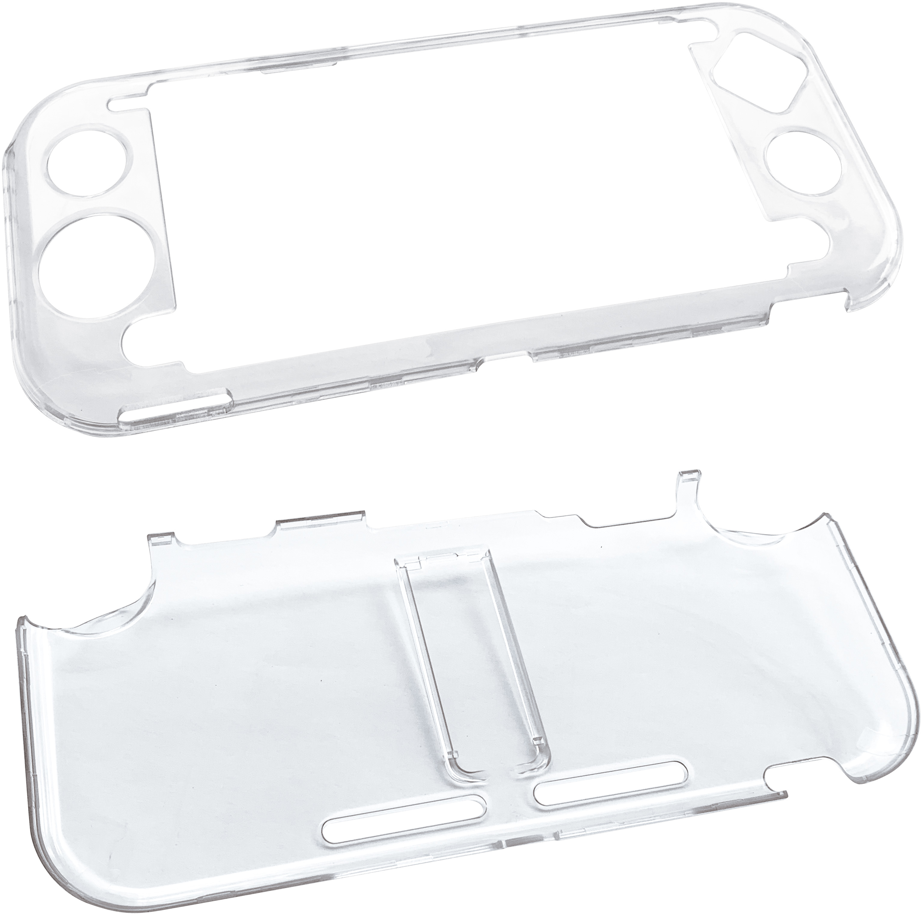 Clear plastic case for a handheld console, top and bottom pieces separated.