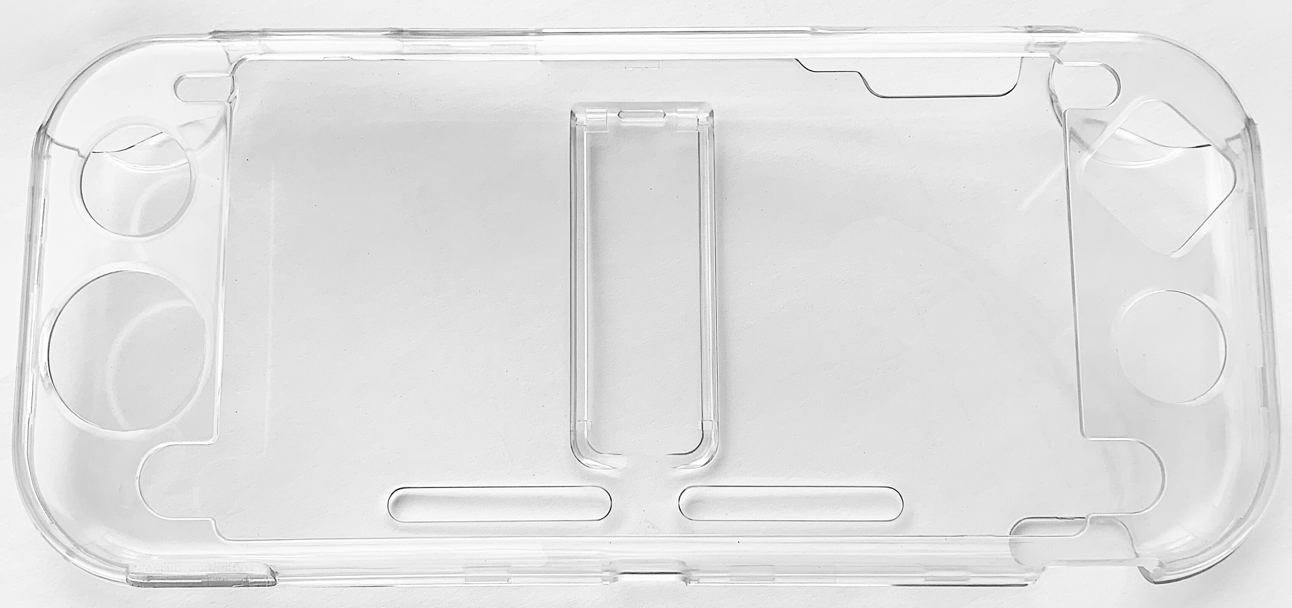 A clear, transparent plastic case for a handheld game console.