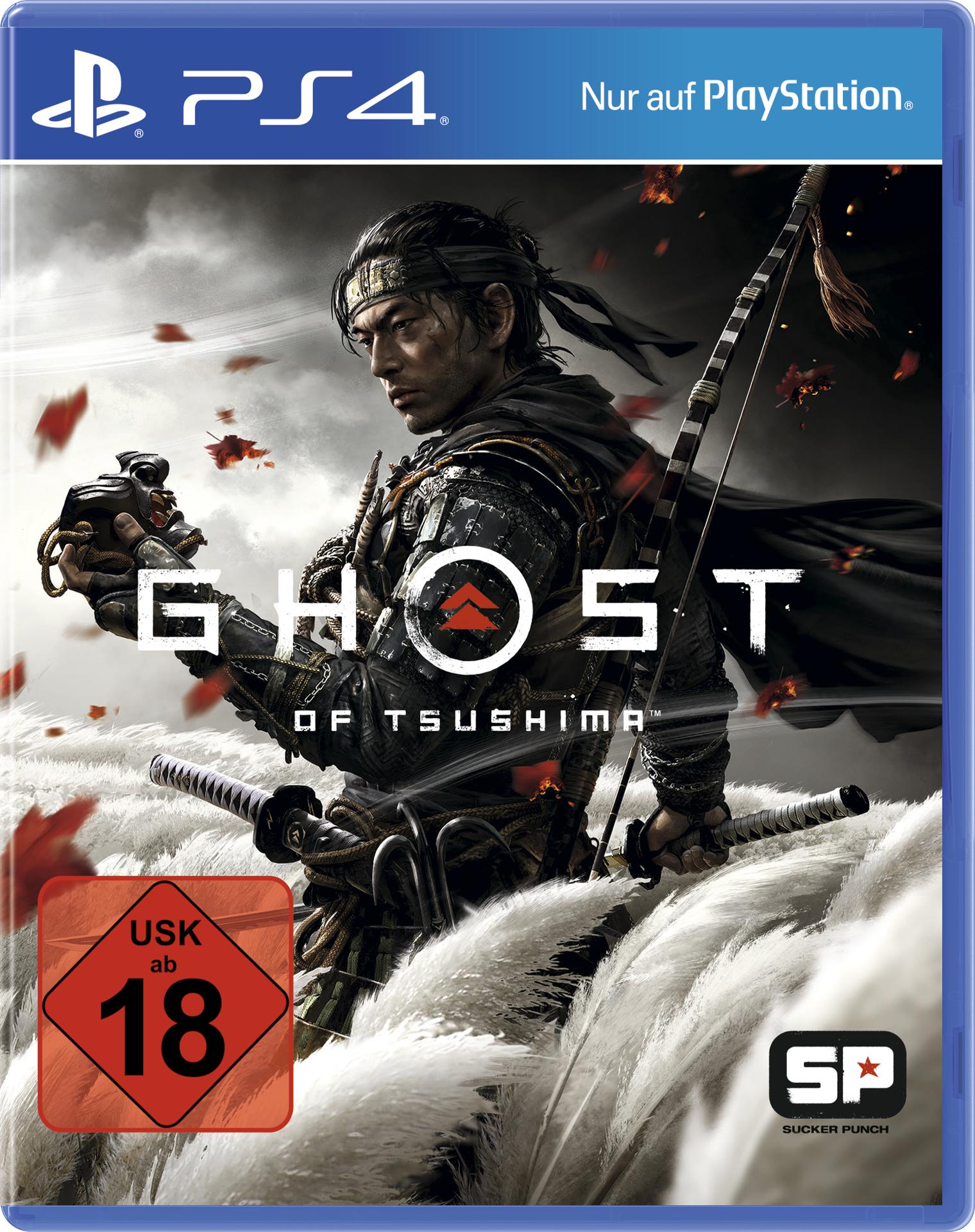 Spielcover von Ghost of Tsushima. Ein Mann in Rüstung hält Bogen und Schwerter.
