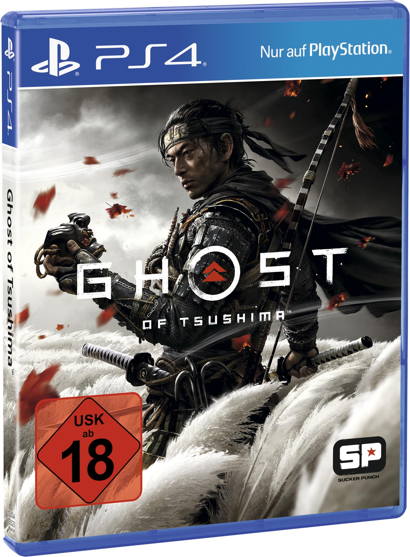 PS4-Spielbox für 'Ghost of Tsushima' mit einem Samurai-Krieger auf einem Schlachtfeld.