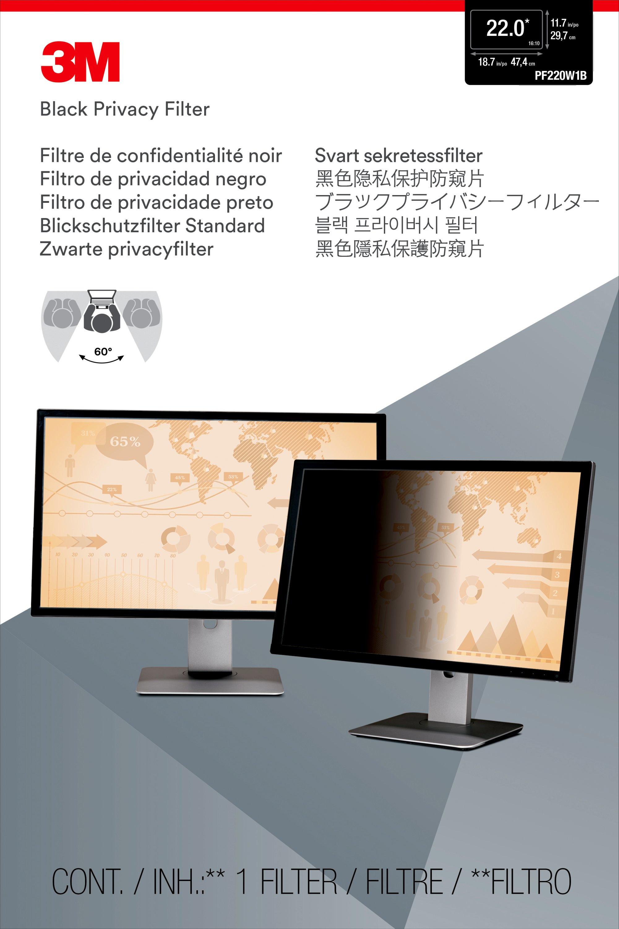 3M PF22.0W Blickschutzfilter Standard für Desktops 55,9 cm Weit (entspricht 22,0" Weit) 16:10, Schwarz