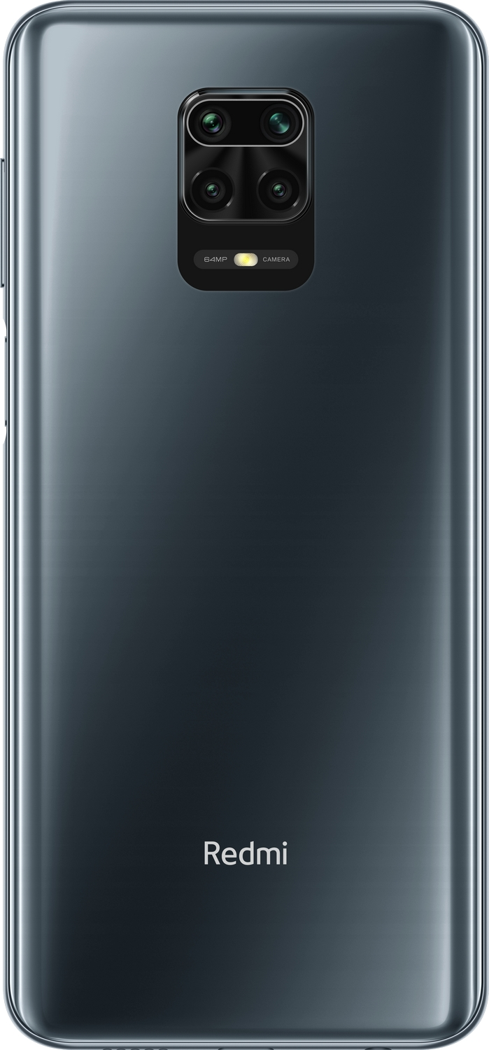 La parte trasera de un teléfono Redmi gris oscuro, que muestra la configuración de la cámara y el logotipo de Redmi.