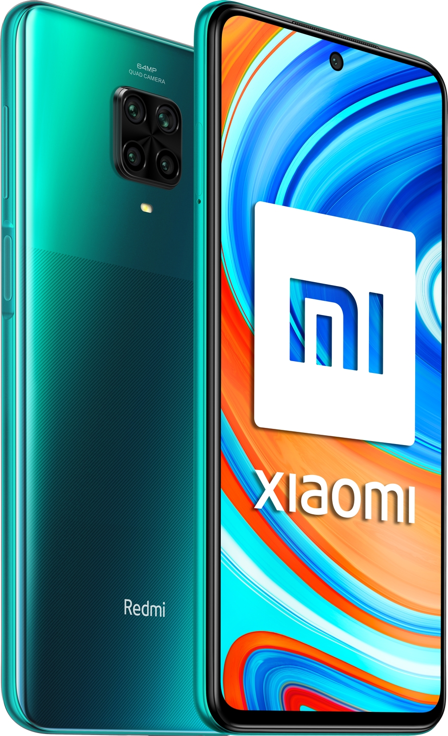 Teléfono Xiaomi Redmi verde y negro, mostrando la pantalla y la parte trasera con cámaras.