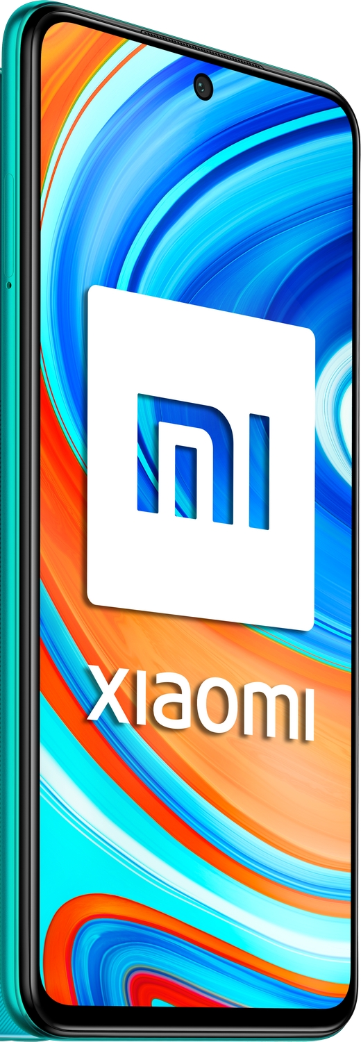 Teléfono Xiaomi turquesa con logotipo blanco de Xiaomi sobre fondo azul y naranja.