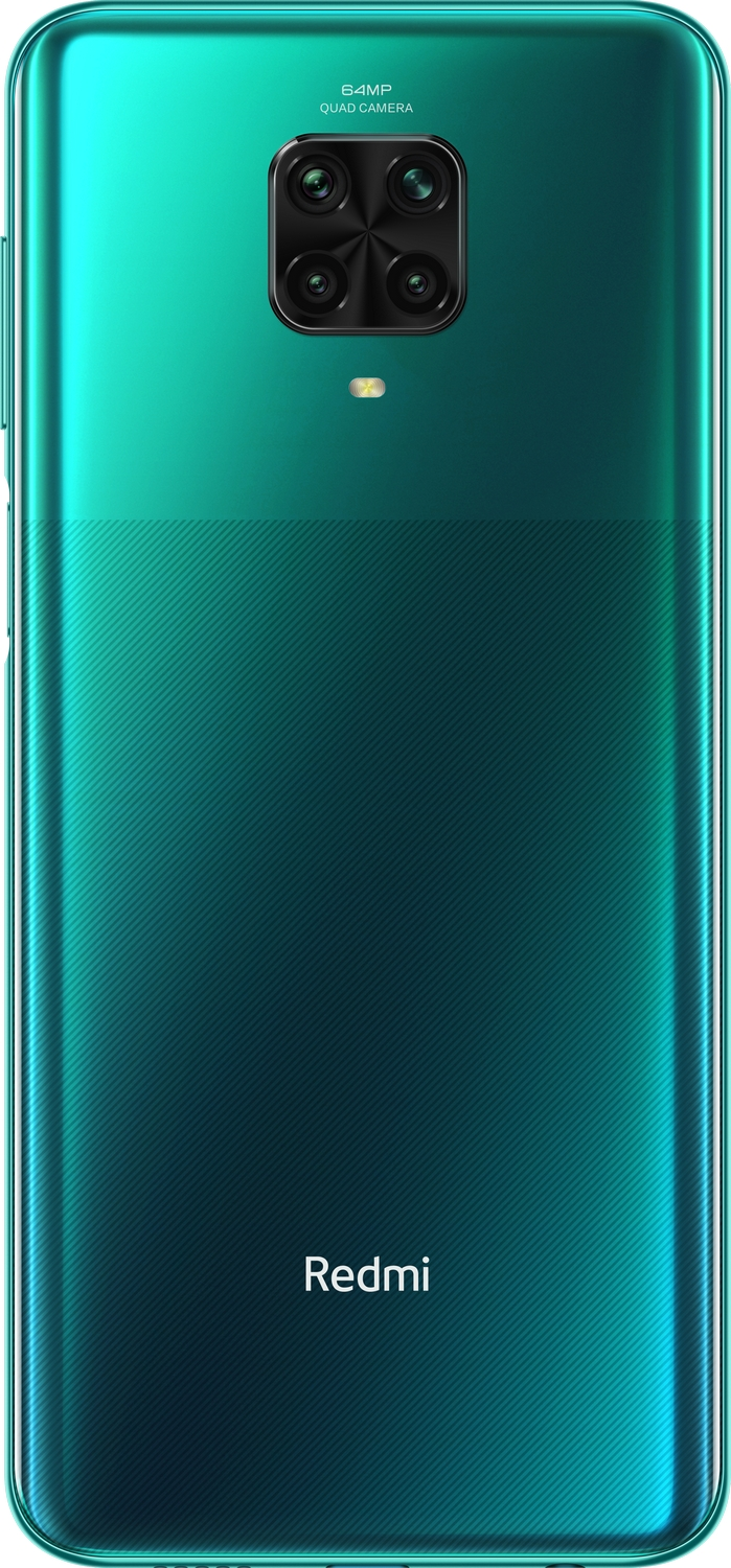 Parte trasera de un smartphone verde azulado. Cámara cuádruple, logotipo Redmi.