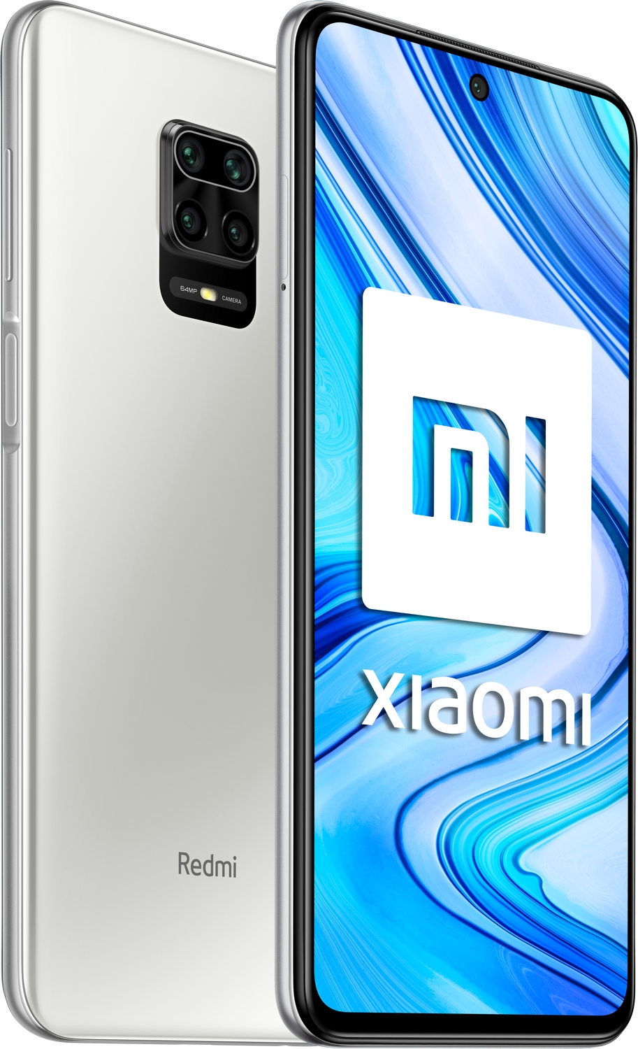 Teléfono Xiaomi Redmi blanco, con tres cámaras en la parte trasera, que muestra el logo de Xiaomi en la pantalla.