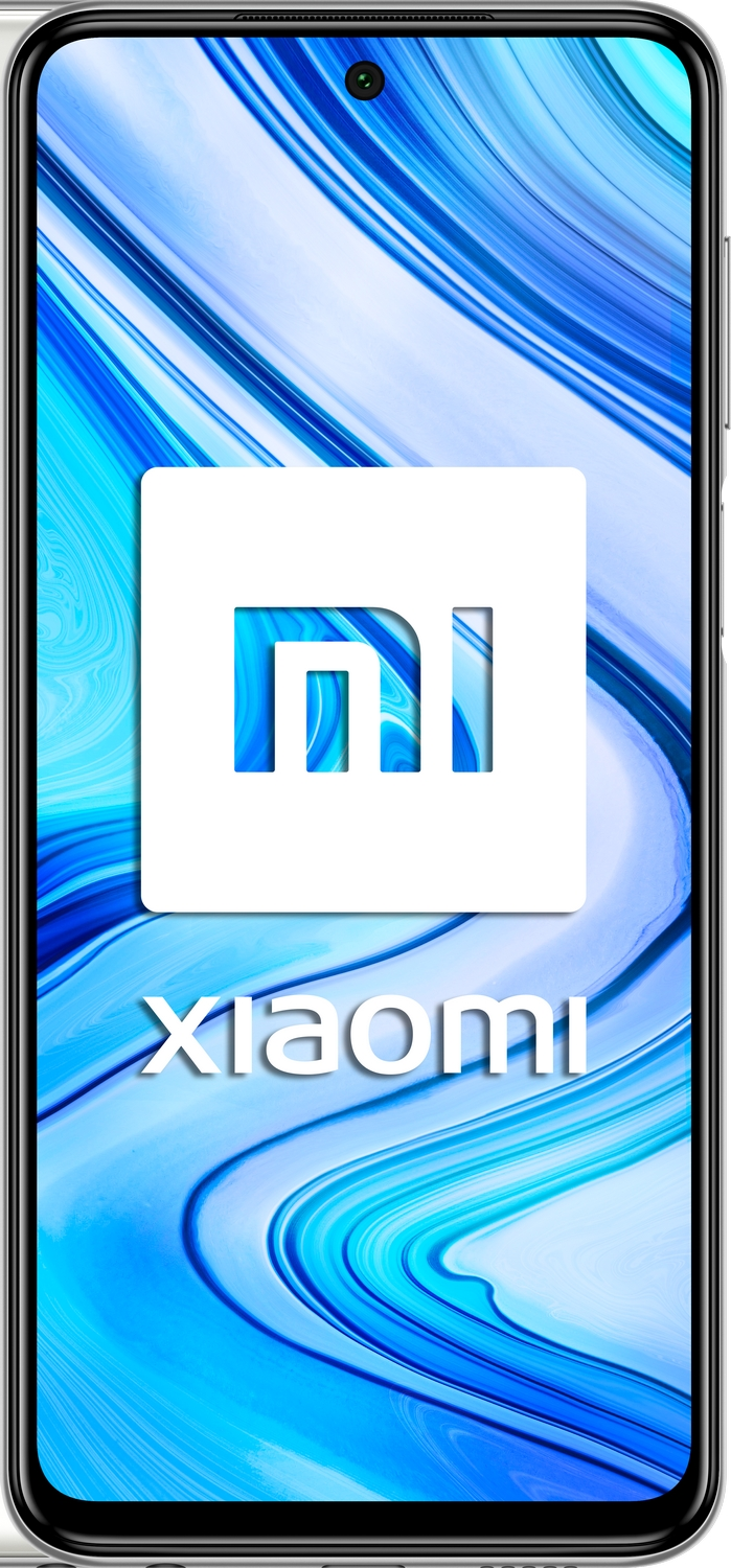 Teléfono Xiaomi sobre un fondo azul con el logotipo de Xiaomi.