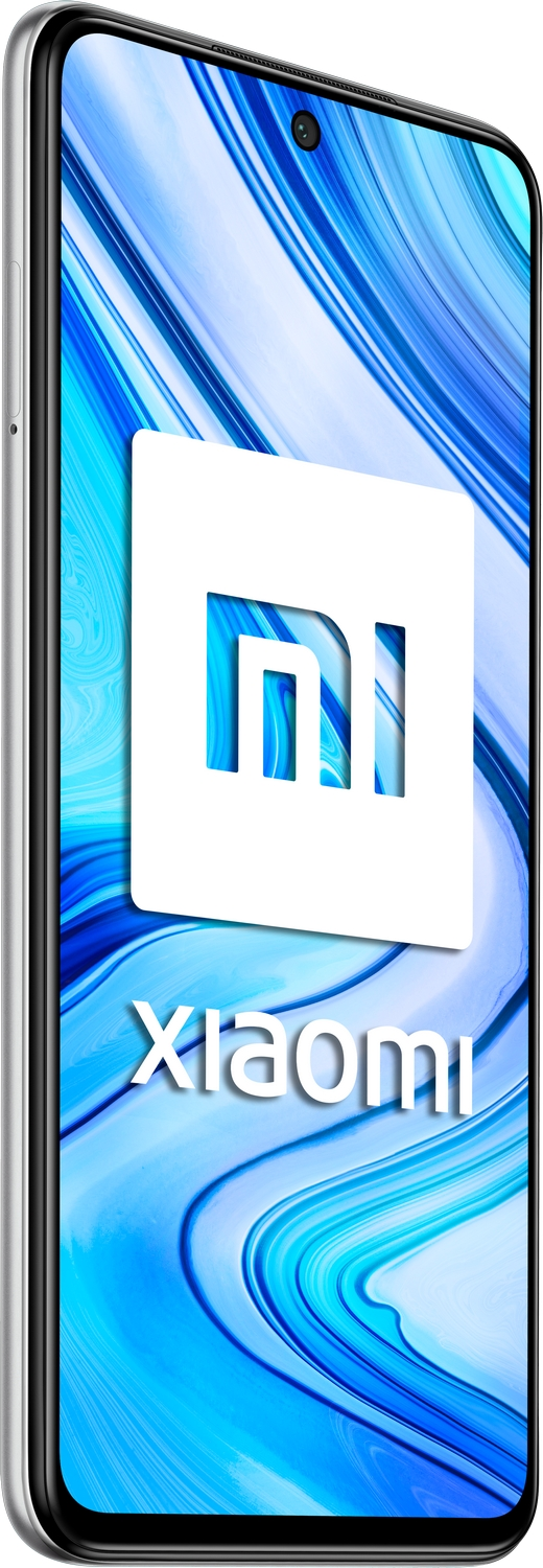 Un teléfono Xiaomi plateado con un logotipo blanco sobre un fondo azul con remolinos.