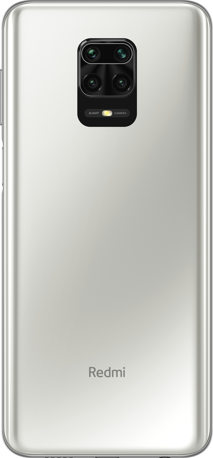 Teléfono Redmi plateado con módulo de cámara rectangular. Logotipo de Redmi en la parte inferior. Vista trasera.