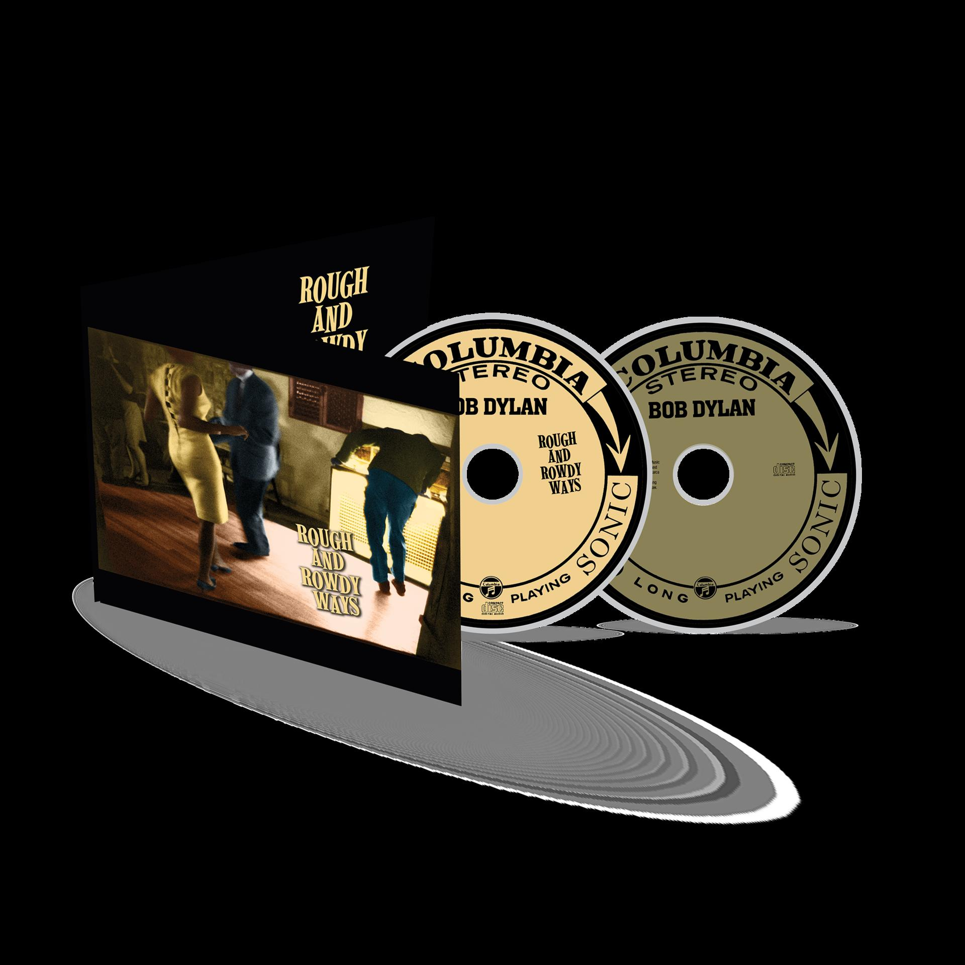 Albumcover und zwei CDs von Bob Dylans 'Rough and Rowdy Ways' auf schwarzem Hintergrund.