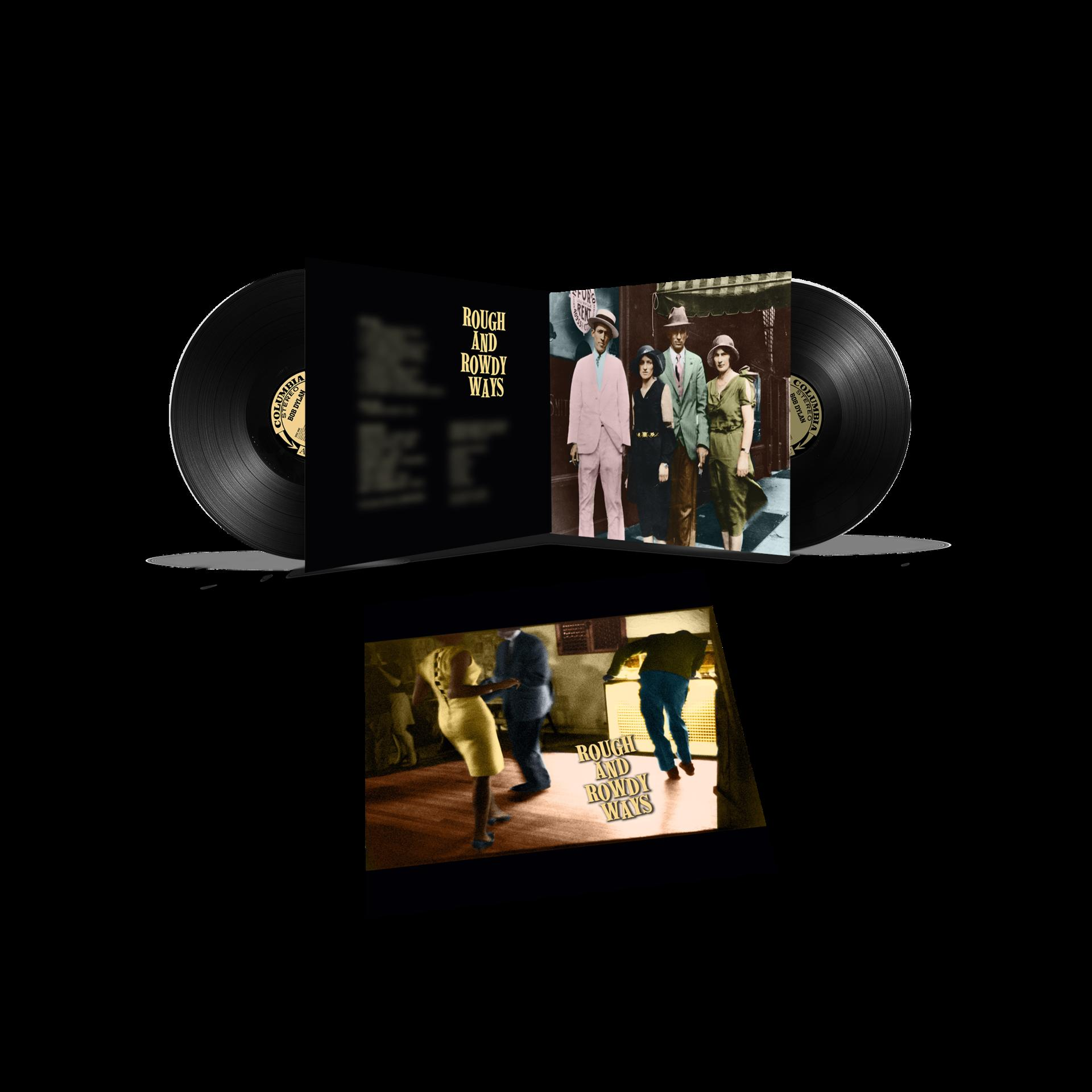 Vinyl-Schallplatten-Albumcover mit Bandfoto. Zwei Schallplatten auf jeder Seite und Innenseite mit Bandmitgliedern.