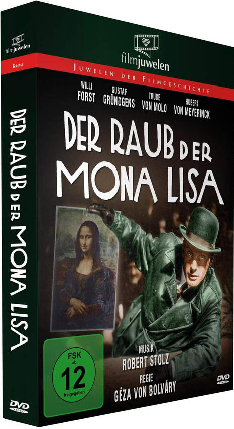 DVD-Hülle des Films 'Der Raub der Mona Lisa'. Zeigt das Gemälde Mona Lisa und einen Mann mit Melone.