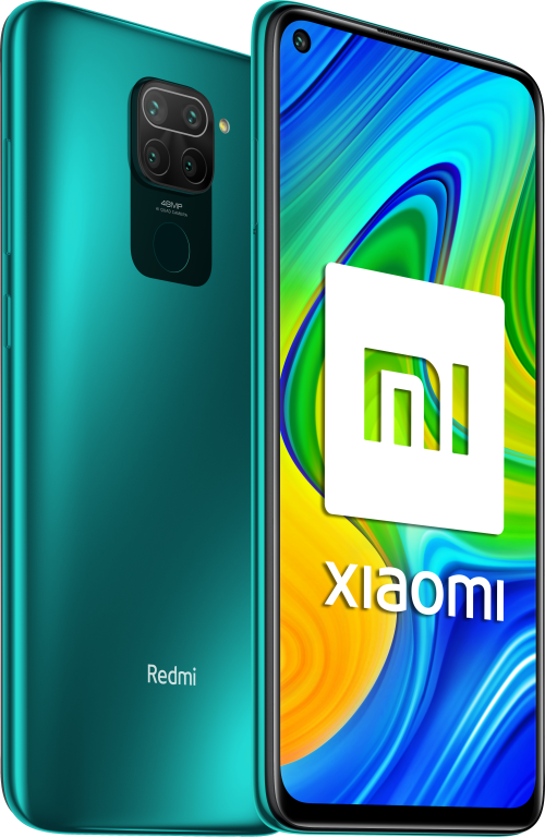 Teléfono Xiaomi verde con módulo de cámara y logotipo de Redmi. La pantalla muestra el logotipo de Xiaomi.