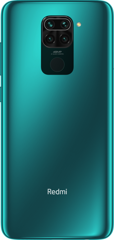 Smartphone turquesa con un módulo de cámara negro. La parte trasera tiene el logotipo de Redmi.