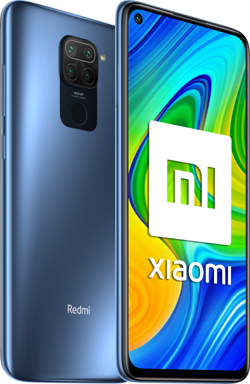 Teléfono Xiaomi Redmi azul que muestra un logotipo blanco en la pantalla con un fondo amarillo y azul.