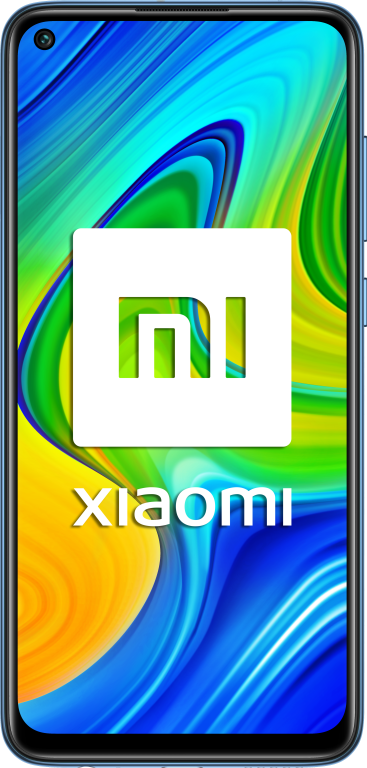 Un teléfono azul con un cuadrado blanco, con el logotipo de Xiaomi y el nombre de la marca debajo.