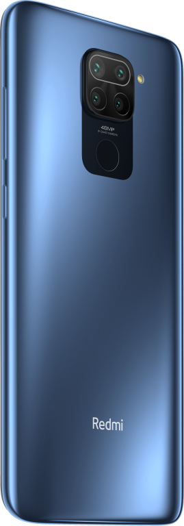 Un teléfono Redmi azul mostrando las cámaras traseras. Tiene una cámara cuádruple de 48MP y el logo Redmi.