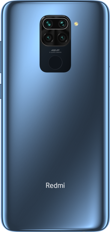 Smartphone azul con un módulo de cámara negro. La parte trasera tiene el logotipo de Redmi.