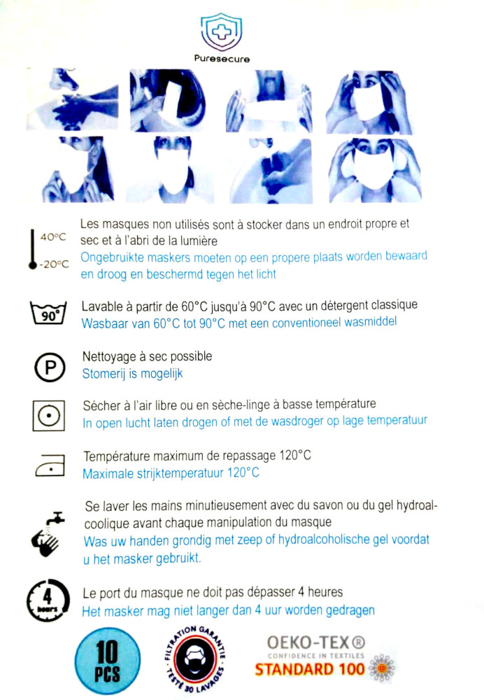 Instructions on a white background. Images illustrate mask usage, storage, washing, and safety symbols.