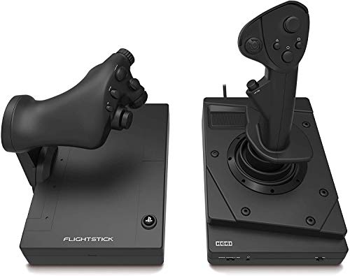 Dos palancas de vuelo negras para una consola de juegos, con bases. Una tiene un joystick y la otra un agarre de control.