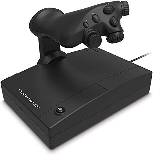 Controlador Flight Stick negro sobre una base negra. Tiene botones y un joystick. Fondo blanco.