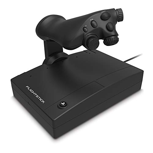 Mando de vuelo negro sobre base negra. Joystick con múltiples botones.
